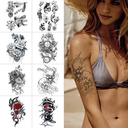 Black ink color temporary tattoo sticker Bird skull devil Small waterproof tattoo Flower rose clock body sticker tattoo for arm