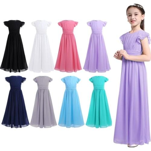 Junior Bridesmaid Dresses Flutter Sleeves Pleated Chiffon Long Dress Childrens Girls Wedding Party Princess Kids Flower Dress