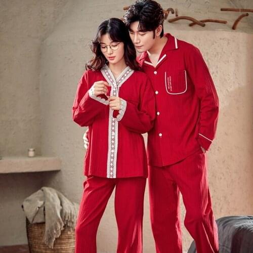 Couple spring and autumn tight match double-sided pure cotton red cardigan button Lapel comfortable home couple pajamas CKE