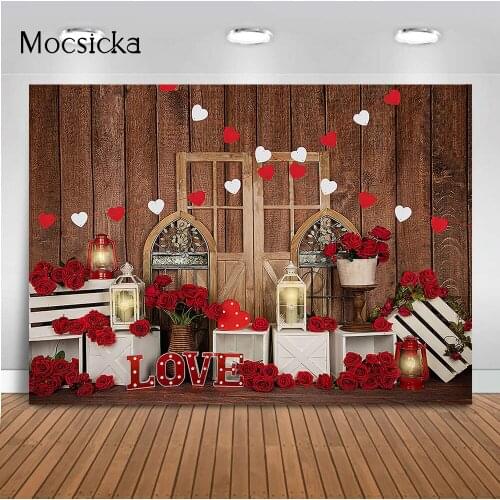 Rose Flower Valentines Day Backdrop Newborn Kids Portrait Photo Shoot Wooden Door Rose Light Vase Birthday Baby Shower Decor