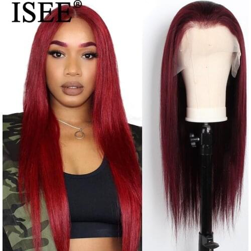 ISEE HAIR Indian 99j Straight Lace Wigs 150% Density Lace Front Human Hair Wigs Pre Plucked Hairline Straight Lace Front Wig