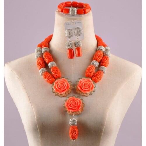 Graceful nigerian wedding african coral set orange coral necklace jewelry set C21-19-05