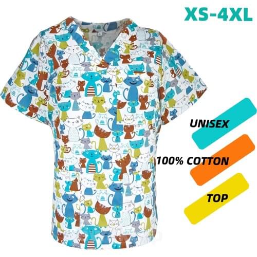 Cute Scrubs Top Uniforms for Women Men Cats Printed Short Sleeves Beautician Dentist Spa Blouse Nurse Doctor Workwear Scrub Tops