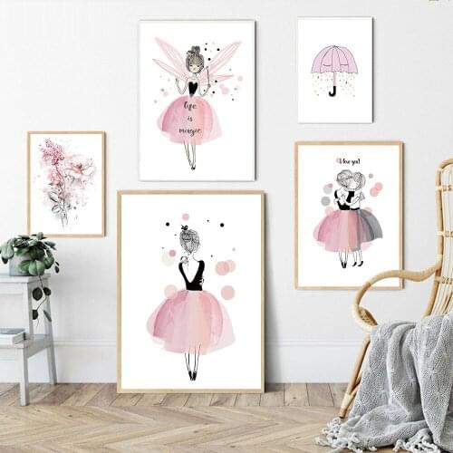 Cartoon Pink Ballet Dancing Girl Aesthetic Prints and Poster Kawaii Canvas Painting for Home Childrens Bedroom Wall Art Decor