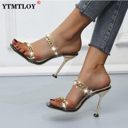 Clear Pvc Transparent High Heel Slippers Summer Fashion Chain Design Slip On Square Toe Slides Women Mules Pumps Peep Toe