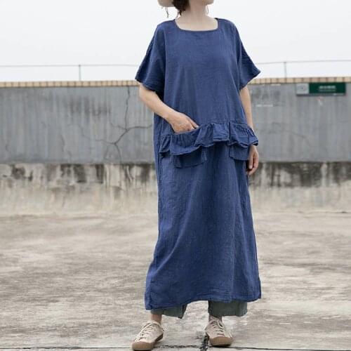 NINI WONDERLAND Women Cotton Linen Vintage Retro Dress Summer Short Sleeve Loose Split Casual Dress 2021 Mori Girl Style Dresses