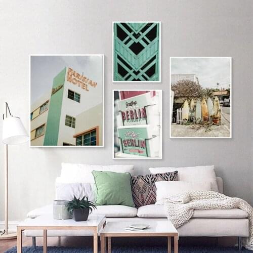 Teal City Building Photography Poster Summer Surfboard Print Wall Art Canvas Painting Picture for Living Room Home Decoration