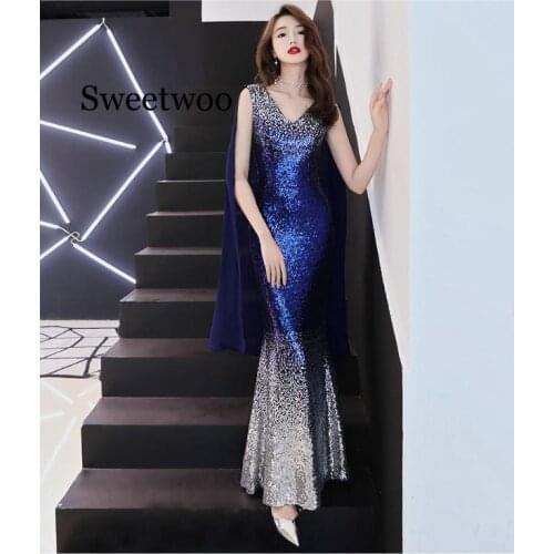 Gradient Sequined Mermaid Dress Sexy V Neck Dress Women Fashion Formal Party Gowns Zipper Back Trumpet party Dress