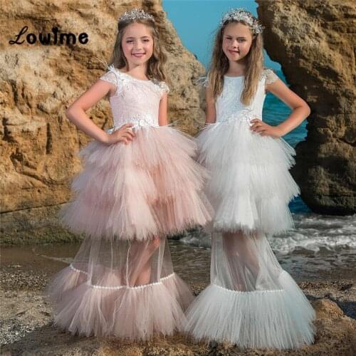 Pink Ball Gown Pageant Dresses For Girls Two Pieces Flower Girl Dresses For Weddings 2018 New Style Tiered Vestidos De Comunion