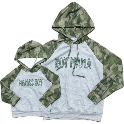 Girlymax Baby Boys Mommy &Me Long Sleeve Mamas Boy Camo Grey Hoodie Top Boutique Kids Clothing Family Look