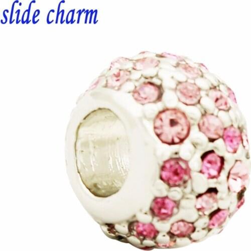 Slide charm Free shipping Valentines Day gift unique fashion pink oval crystal beads fit Pandora charm bracelet