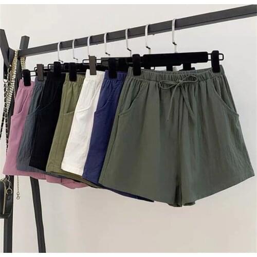 Summer Women Shorts Cotton Linen Shorts Drawstring High Wasit Loose Casual Short Trousers Plus size M-6XL 7XL white black ginger