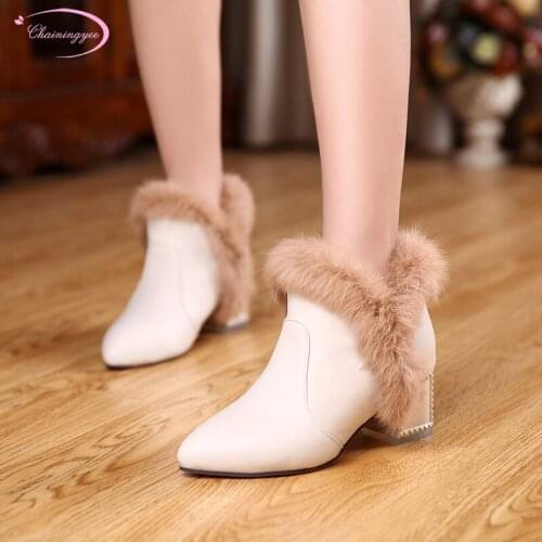 Party style round toe warm winter plush ankle boots rabbit hair rivets zipper high heel thick with riding boots womens shoes
