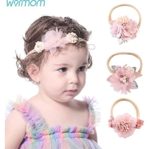 Warmom Pink Flower Pearl Super Soft Nylon Mesh Hair Band Newborn Baby Accessories Christmas Gift for Baby Girls Headband Turban