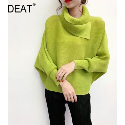 DEAT Woman Pleated T Shirt Lapel Collar Ruffled Solid Pullover Tops Elastic Batwing Sleeve Casual Style 2021 New Summer 15HT423