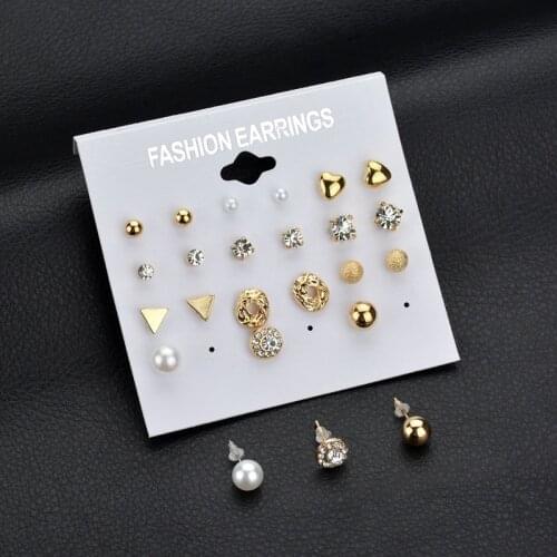 LUSION Super Value Exquisite Design Simple Stud Earring Fashion OL Pearl Heart Triangle Charm Cheap Earring Sets Women 12Pair