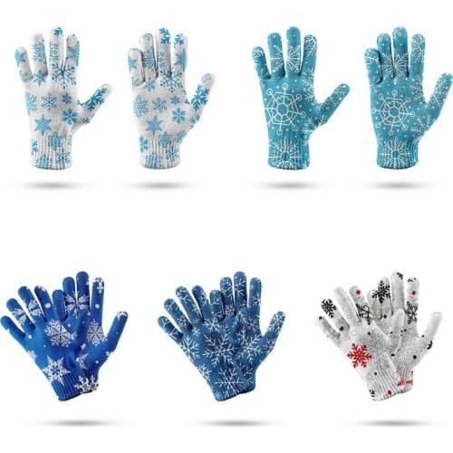 Women Winter Snowflake Pattern Mittens Men Warm Stretch Knit Imitation Wool Mittens Snow Sports Full Finger Gloves Guantes