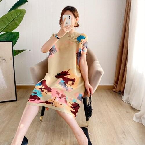 Miyake pleated vintage a-line dress 2021 summer retro short-sleeved print Chinese style plus size ruched dress folda loose dress