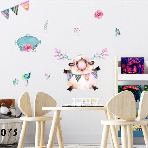 Zollor Lamb Flowers and Plants Birds Color Painting Wall Sticker Bedroom Living room Creative Decoration Stickers Removable