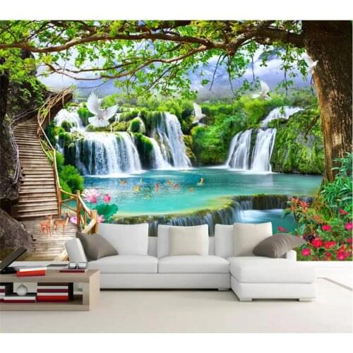 Wellyu Custom wallpaper 3d Photo murals Simple Leisure Green Tree Forest Waterfall Landscape Tooling Wallpaper papel de parede
