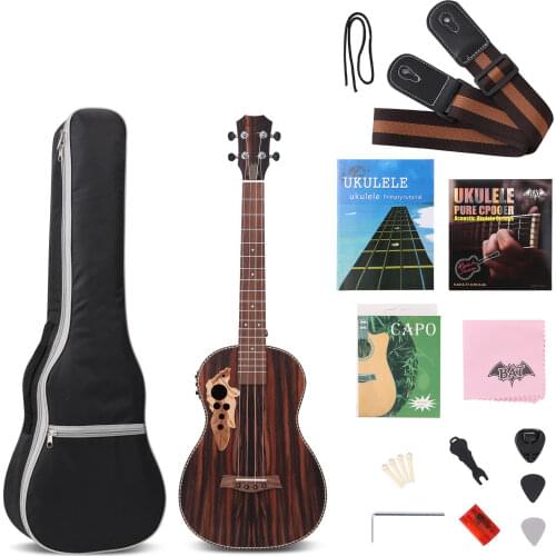 26 Inch All Blackwood Tenor Acoustic Electric Ukulele With Truss Rod With EQ with Gig Bag,Strap,Nylon String,Electric Tuner,Pick