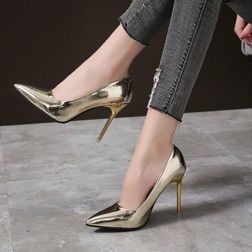 Bling Light 10cm Super High Heel Womens Pumps Elegent Pointed Toe Thin Heel Solid Leisure Slip-On Fashion Spring Autumn Shoes