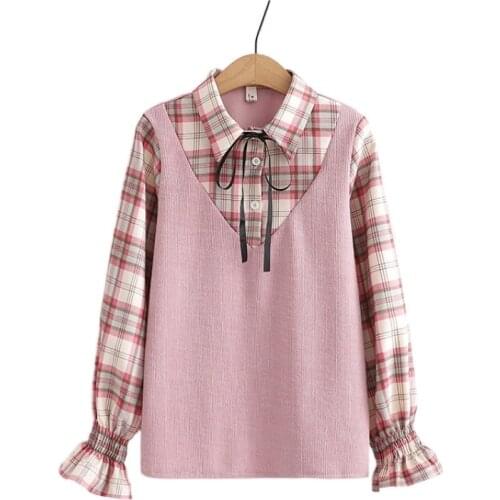 Fake Two Pieces Corduroy Blouse Women Plaid Patchwork Lace Up Tops 2021 Autumn Petal Sleeve Turndown Collar Casual Female Blusas