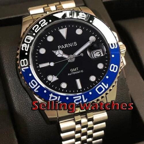 40mm PARNIS black dial bezel Jubilee Bracele Sapphire crystal date Green GMT automatic mens watch Mechanical watches