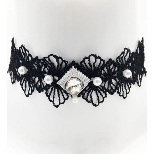 LEMOER Boho Black Lace Flower Chokers Necklaces Designer Crystal Pearl Collar Necklace Statement Jewelry collares mujer Bijoux