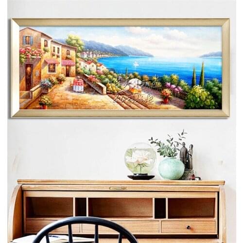 Hand-painted Mediterranean Sea view room painted the sitting room decorates a wall painting on the canvas art wallpaper image 34