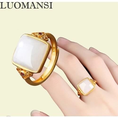 Luomansi Natural Hetian Jade White Jade Ring 925 Sterling Silver Open Rings Luxury Jewelry Gift for Elders