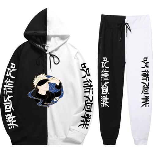 New Summer Man 2 Pieces Sets Anime Demon Slayer Harajuku gojo Print Popular Comfortable Patchwork Thin Hoodie+Patchwork Pants