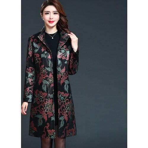 Women Elegaant Floral Printed Faux Leather Jacket New Middle-aged Ladies Comfortable Pu Leather Trench Coats Female Clothing 6XL