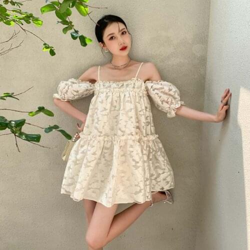 Sweet Cute One Shoulder Strap Dress 2021 Summer New Female Lantern Sleeve Beige Embossed Woven Flower Loose A-Line Dress