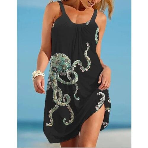 2021 Fashion Women Beach Dresses Sea Animal Octopus 3D Printed A-Line Sleeveless Dress Summer Brand Beachwear Sexy Night Dresses