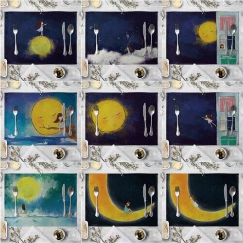Fashion Print Rectangle Cotton Linen Western Style Table Pad Cut Mats Placemat for Dinner Kitchen Table 40x30cm Moon