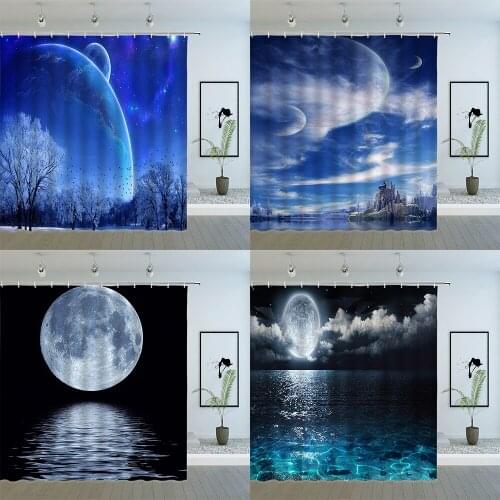 Moon Fantasy Landscape Shower Curtains Planet Stars Night View Bathroom Waterproof Polyester Cloth Hanging Curtain Set Cheap