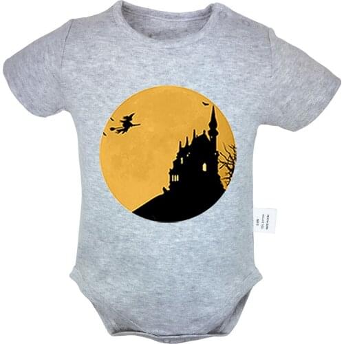 Cartoon Flying Witch Halloween Castle Design Newborn Baby Boys Girls Outfits Jumpsuit Print Infant Bodysuit Clothes Cotton Sets