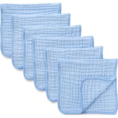 Muslin Burp Cloths 6 Pack Large 100% Cotton Hand Washcloths 6 Layers Extra Absorbent and Soft (Blue, Pack of 6)