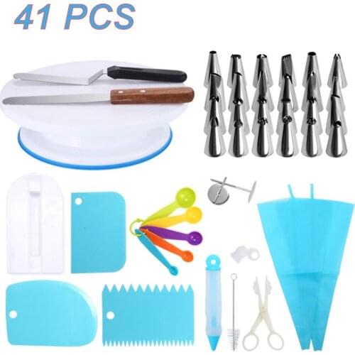 41pcs Cake Decoration Set Turntable Rotating Pastry Nozzles Bag Display Stand Icing Tips Spatula Kitchen Dessert Baking Tools