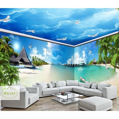 Bacal Custom Large Ceiling Zenith Mural Wallpaper 3D Stereo Blue Sky Sea Sunshine Beach Wall Mural Nature Photo Mural Wallpapers