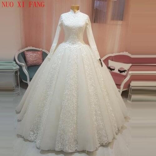 NUOXIFANG Arabic Bridal Gown Muslim Wedding Dress Arab Ball Gown Lace Hijab Long Sleeve Princess Applique Wedding Dress 2020