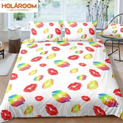 Rainbow Bedding Sets Color Lips Printed Duvet Cover Set Queen King Size for Home Decor White Background Quilt Cover Pillowcase