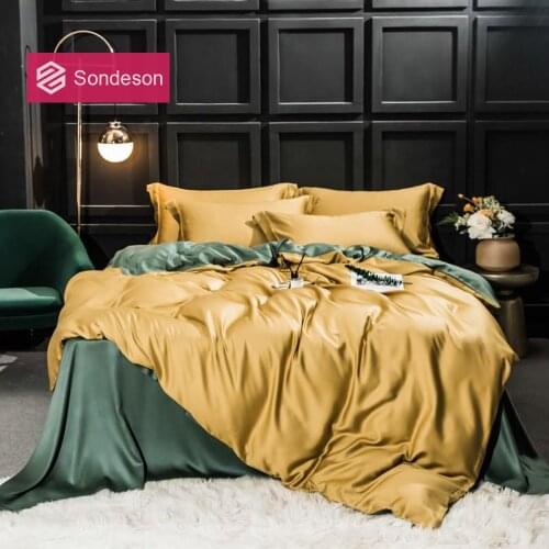 Sondeson Luxury Yellow Green 100% Silk Beauty Healthy Bedding Set 6A Grade Silk Duvet Cover Set Queen King Flat Sheet Pillowcase