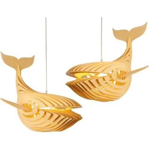 Modern Japanese Style Led Whale Pendant Lights Decoration Bedroom Restaurant Hall Interior Design Wooden Fish Light Fixtures
