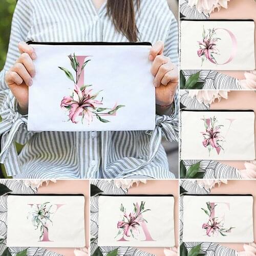Pink Alphabet Flowers A-Z Canvas Make Up Cosmetic Pouch Outdoor Women Travel Toiletries Organizer Bag Female Storage Makeup Bags