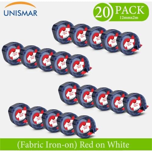 Unismar 20PK Compatible DYMO Letratag 18777 18779 18776 Fabric Iron on Label Tape 12mm Red on White ribbon for LT-100T LT-100H