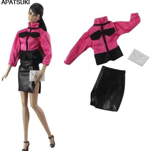 Hot Pink Fashion Doll Clothes Set for Barbie Doll Outfits Accessories Coat Shirt Skirt & Bag Purse For 11.5" BJD Kids Toys 1/6