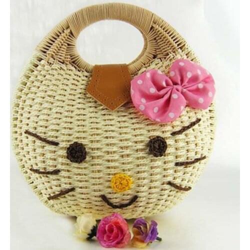 Chinese style new cartoon cute pattern straw travel vacation beach handbags fashion bow womens portable straw bag