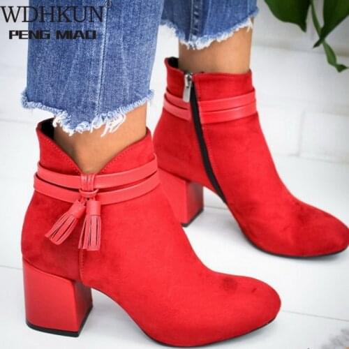 WDHKUN 2020 Red Tassel Ankle Shoes Womens Shoes Single Boots Autumn Winter Pointed Toe Thick with Short Boots